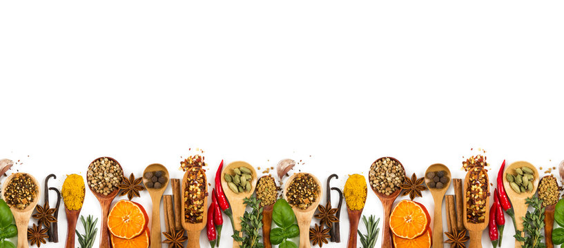 Different spices, seasonings and herbs isolated on white. Seamless horizontal pattern.