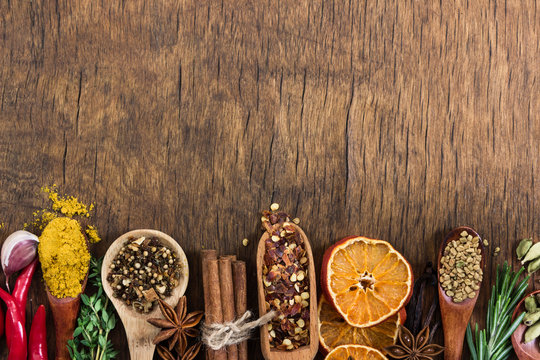 Various spices, seasonings and herbs