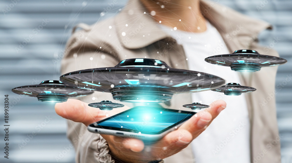 Aufkleber Businessman with retro UFO spaceship 3D rendering