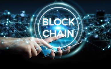 Businessman using blockchain cryptocurrency interface 3D rendering