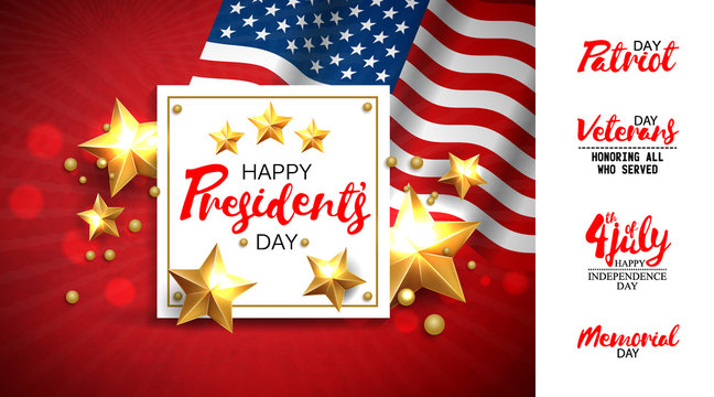 Universal illustration with a set of inscriptions for patriotic holidays in the USA. Presidents day, Independence day, Veterans day, Memorial day, 4 jule etc. Vector EPS10