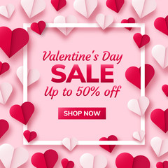 Valentines day sale background with paper origami hearts divided into half. Vector illustration. Ideal for flyer, invitations, banners, greeting cards.