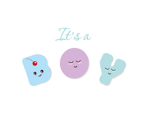 It's a boy baby shower. Kawaii bold colorful letters. Cute stickers emoticons.