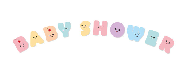 Baby shower. Kawaii bold colorful letters. Cute stickers emoticons.