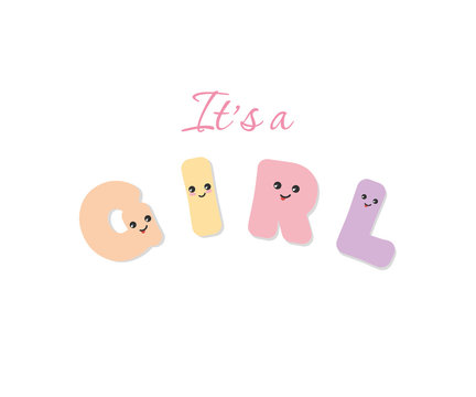 It's a girl baby shower. Kawaii bold colorful letters. Cute stickers emoticons.