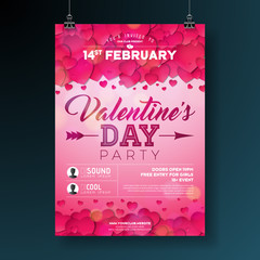 Vector Valentines Day Party Flyer Illustration with Typography and Red Heart on Pink Background. Celebration Poster Template Design for Invitation or Greeting Card.