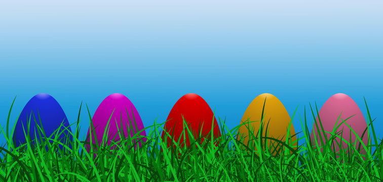 Vector illustration easter banner with grass, colored eggs and sunlight effect in blue sky.