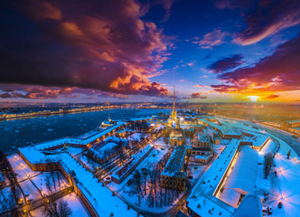 Center of Petersburg. Peter-Pavel's Fortress. Russia. Snow-covered city from a height. Winter view of St. Petersburg on the Neva River. Russia. Winter Petersburg.