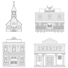 A set of buildings of the wild west. Line art. Children's coloring. Vector illustration