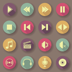 Audio video icons in bright colors. Vector buttons. Original design