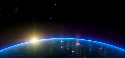 Night view of Earth from the satellite to the glowing lights of cities on the sunrise from the east. Outer space. 