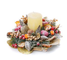 Composition with beautiful candlesticks and other decorations for home interior