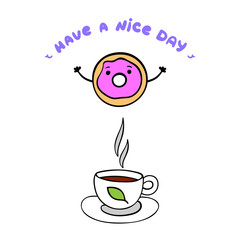 Cute donut and cup of tea on white background.