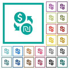 Dollar new Shekel money exchange flat color icons with quadrant frames