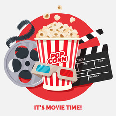 Movie time vector illustration. Cinema poster concept on red round background. Composition with popcorn, clapperboard, 3d glasses and filmstrip. Cinema banner design for movie theater. - obrazy, fototapety, plakaty