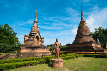 Fototapeta premium Beautiful temple Thailand name Sa-Sri temple, Sukhothai Historical Park,