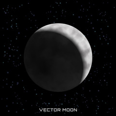 Vector moon with shadow on cosmic background with stars. Crescent.