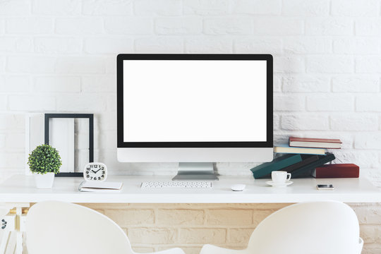 Hipster desk top with blank white computer