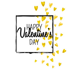 Valentines day card with gold glitter hearts. February 14th. Vector confetti for valentines day card template. Grunge hand drawn texture. Love theme for flyer, special business offer, promo.