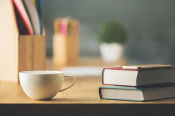 Desk with coffee and supplies
