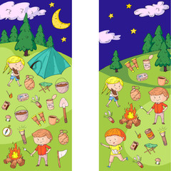 Children camping. Summer camp. Scouts, adventure, hiking, exploration. School and kindergarten kids. Children drawing. Kids drawing illustration style. Vector image