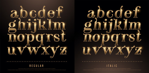 Set of Elegant Gold Colored Metal Chrome alphabet lowercase font. Typography classic style golden font set for logo, Poster, Invitation. vector illustrator