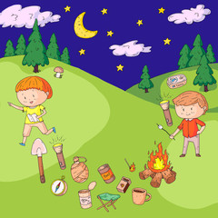 Children camping. Summer camp. Scouts, adventure, hiking, exploration. School and kindergarten kids. Children drawing. Kids drawing illustration style. Vector image
