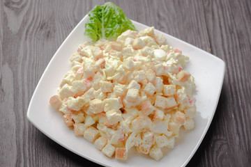 Vegetable salad with crackers,salad with cirri,Fight with crabs and biscuitssalad with crab sticks and croutons