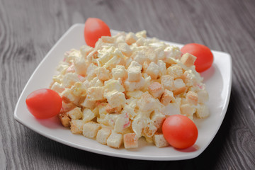 Vegetable salad with crackers,salad with cirri,Fight with crabs and biscuitssalad with crab sticks and croutons