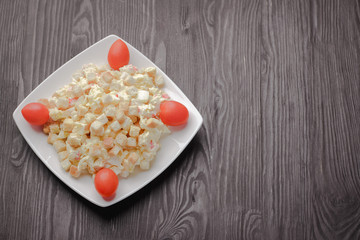 Vegetable salad with crackers,salad with cirri,Fight with crabs and biscuitssalad with crab sticks and croutons