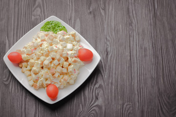 Vegetable salad with crackers,salad with cirri,Fight with crabs and biscuitssalad with crab sticks and croutons