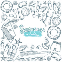 Set of beach summer holidays accessories, sketch cartoon illustration. Vector