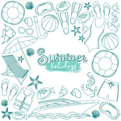 Set of beach summer holidays accessories, cartoon illustration. Vector