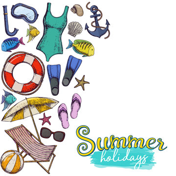 Set of beach summer holidays accessories, sketch cartoon illustration. Vector