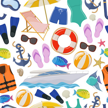 Seamless background of beach summer holidays accessories, cartoon illustration. Vector