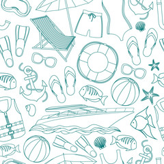 Seamless background of beach summer holidays accessories, cartoon illustration. Vector