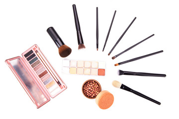 Set of flat top view of various professional female cosmetics brushes for makeup and eyelash brush isolated on black background, Cosmetics concept, Make up concept, Copy space image for your text