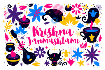 Krishna Janmashtami design template with abstract colorful elements on white background. Useful for posters, cards and advertising.