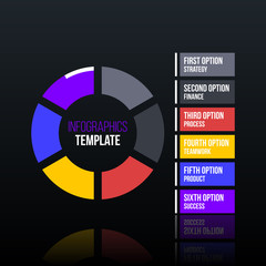 Pie infographics template with six segments in clean corporate style on black glossy background
