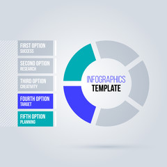 Pie infographics template with five segments in clean business style on white background