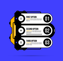 Three options template with hi-tech elements in geometric industrial/techno style on deep blue background