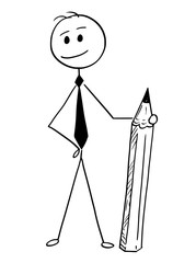 Cartoon stick man drawing conceptual illustration of businessman standing and posing with pencil.