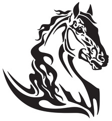 horse head tribal tattoo, logo, icon . Flaming mustang. Black and white vector illustration
