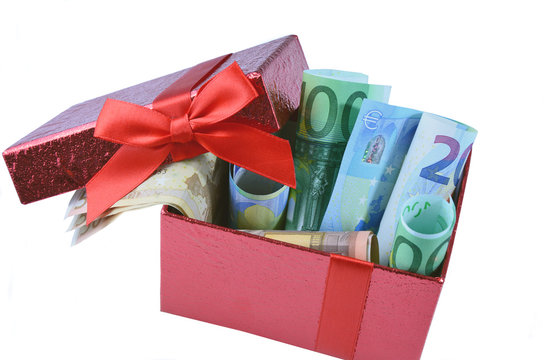 Euro banknote money gift on red box