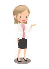 紹介するスーツ姿の若い女性会社員