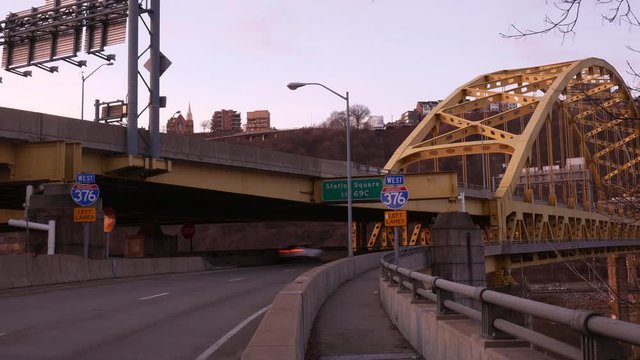 Timelapse of Traffic crossing the Fort Pitt Bridge in Pittsburgh Pennsylvania on early morning