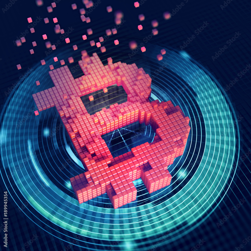 Aufkleber bitcoin 3d illustration. futuristic concept of mining cryptocurrency. bright pixel symbol on a dark 