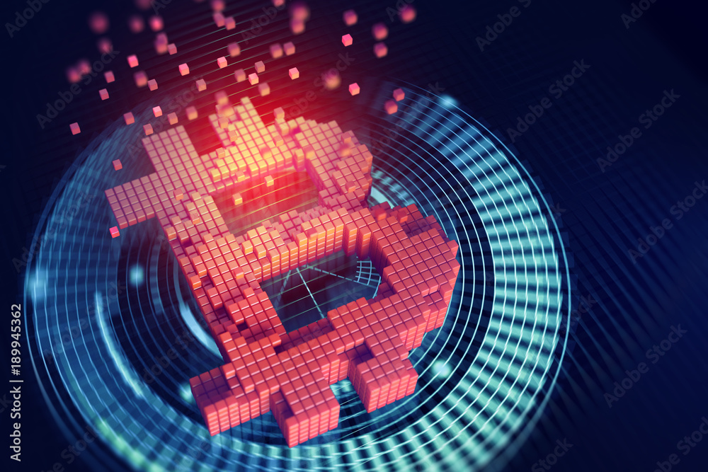 Aufkleber bitcoin 3d illustration. futuristic concept of mining cryptocurrency. bright pixel symbol on a dark 