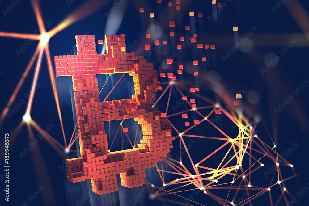 Aufkleber Bitcoin 3D illustration. Blockchain. Bitcoin symbol consisting of separate flaming blocks is located on the background of a polygonal network Futuristic concept of mining cryptocurrency