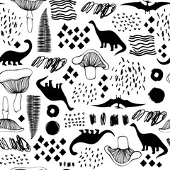Obraz premium Seamless pattern with cartoon dinosaurs. For cards, party, banners, and children room decoration.